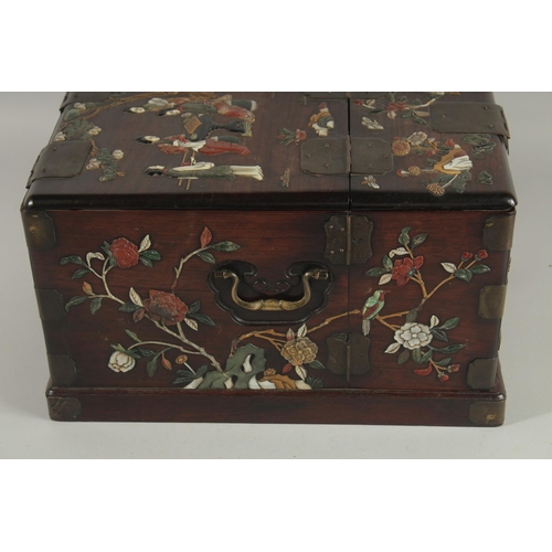 181 - A FINE 19TH CENTURY CHINESE INLAID HARDWOOD TRAVELLING VANITY BOX, inlaid with mother of pearl, soap... 