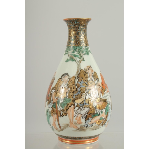 193 - A JAPANESE KUTANI PORCELAIN BOTTLE VASE, painted with figures with fine gilt highlights, the base wi... 