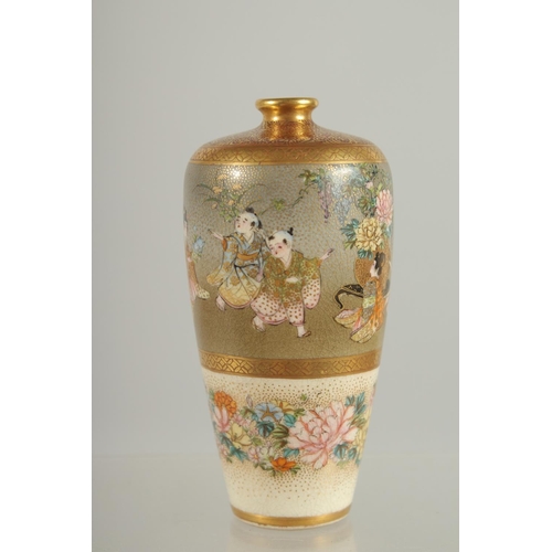 194 - A VERY FINE MINIATURE JAPANESE SATSUMA VASE, beautifully painted children amongst vases of flowers, ... 