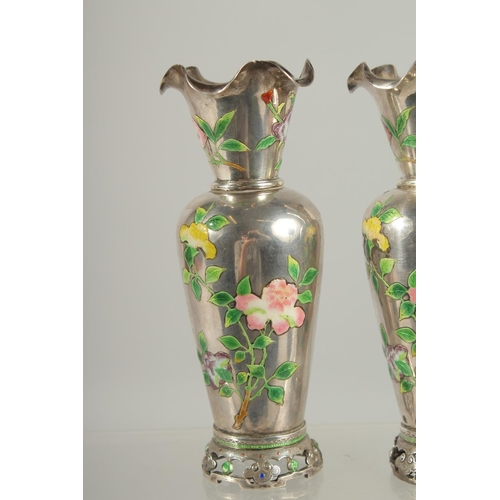 195 - A FINE PAIR OF CHINESE ENAMELLED SILVER VASES, each decorated with enamelled floral sprays, the neck... 