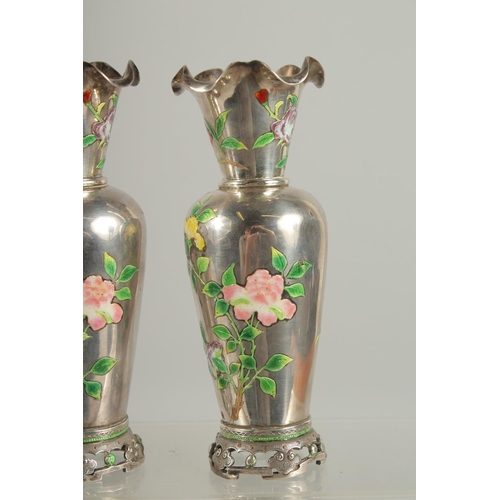 195 - A FINE PAIR OF CHINESE ENAMELLED SILVER VASES, each decorated with enamelled floral sprays, the neck... 