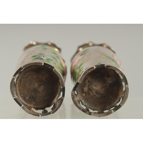 195 - A FINE PAIR OF CHINESE ENAMELLED SILVER VASES, each decorated with enamelled floral sprays, the neck... 