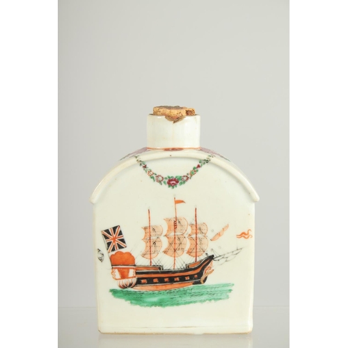 199 - A CHINESE EXPORT PORCELAIN TEA CADDY, painted with European subject; British ship to each side, 11.5... 