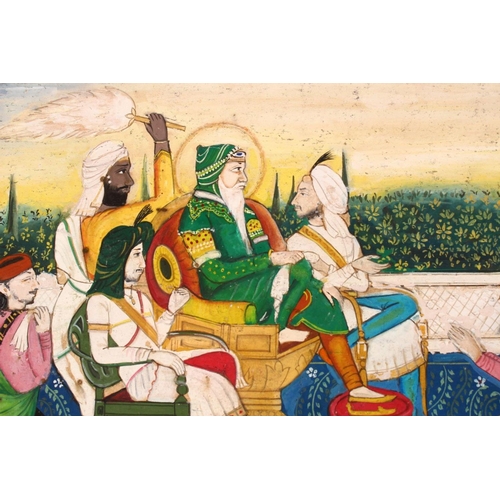 222 - A FINE LARGE INDIAN MINIATURE PAINTING OF SIKH MAHARAJA RANJIT SINGH in court with attendants, 31cm ... 