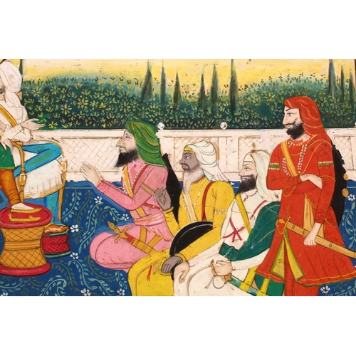 222 - A FINE LARGE INDIAN MINIATURE PAINTING OF SIKH MAHARAJA RANJIT SINGH in court with attendants, 31cm ... 