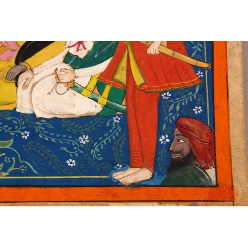 222 - A FINE LARGE INDIAN MINIATURE PAINTING OF SIKH MAHARAJA RANJIT SINGH in court with attendants, 31cm ... 