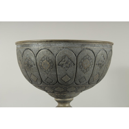 230 - A VERY LARGE AND FINE EARLY 20TH CENTURY PERSIAN ISFAHAN TINNED COPPER CHALICE / FOOTED BOWL, 44cm h... 