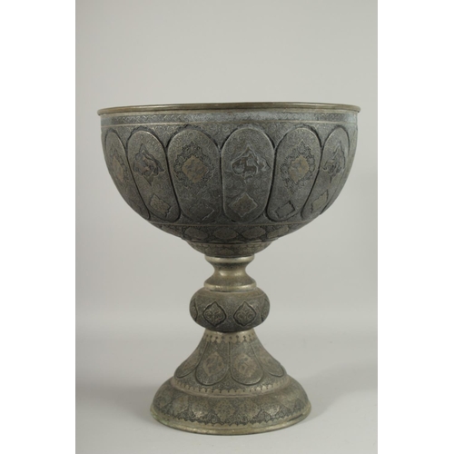 230 - A VERY LARGE AND FINE EARLY 20TH CENTURY PERSIAN ISFAHAN TINNED COPPER CHALICE / FOOTED BOWL, 44cm h... 