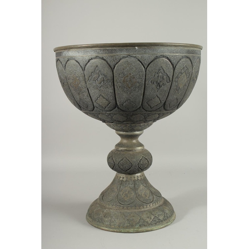 230 - A VERY LARGE AND FINE EARLY 20TH CENTURY PERSIAN ISFAHAN TINNED COPPER CHALICE / FOOTED BOWL, 44cm h... 