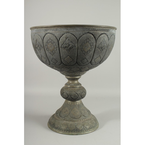 230 - A VERY LARGE AND FINE EARLY 20TH CENTURY PERSIAN ISFAHAN TINNED COPPER CHALICE / FOOTED BOWL, 44cm h... 