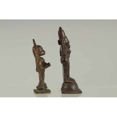 234 - AN 18TH-19TH CENTURY SOUTH INDIAN HANUMAN BRONZE FIGURE, together with another bronze deity, 9.5cm a... 