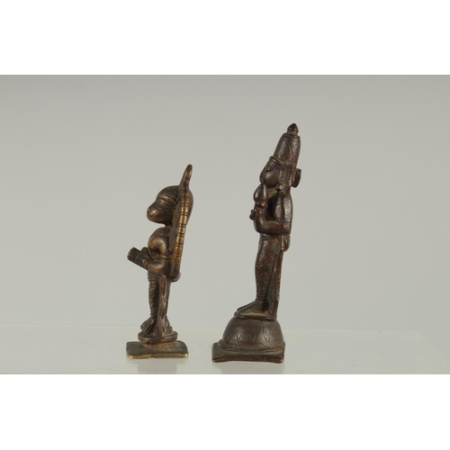 234 - AN 18TH-19TH CENTURY SOUTH INDIAN HANUMAN BRONZE FIGURE, together with another bronze deity, 9.5cm a... 