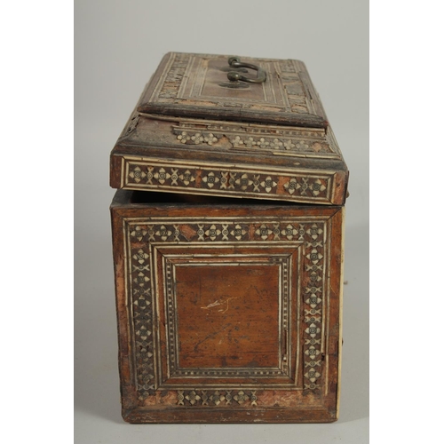 238 - AN 18TH-19TH CENTURY ANGLO INDIAN OR INDO PORTUGUESE BONE INLAID TEA CADDY, (af), 26cm wide.