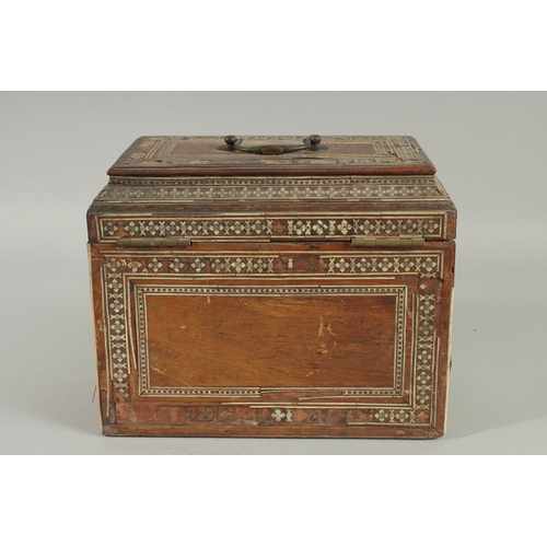 238 - AN 18TH-19TH CENTURY ANGLO INDIAN OR INDO PORTUGUESE BONE INLAID TEA CADDY, (af), 26cm wide.