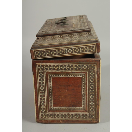 238 - AN 18TH-19TH CENTURY ANGLO INDIAN OR INDO PORTUGUESE BONE INLAID TEA CADDY, (af), 26cm wide.