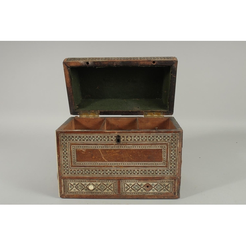 238 - AN 18TH-19TH CENTURY ANGLO INDIAN OR INDO PORTUGUESE BONE INLAID TEA CADDY, (af), 26cm wide.