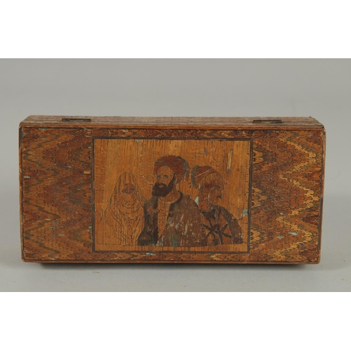 244 - A VERY FINE 19TH CENTURY OTTOMAN NORTH AFRICAN STRAW WORKED WOODEN BOX, 19cm x 9cm.