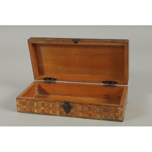 244 - A VERY FINE 19TH CENTURY OTTOMAN NORTH AFRICAN STRAW WORKED WOODEN BOX, 19cm x 9cm.