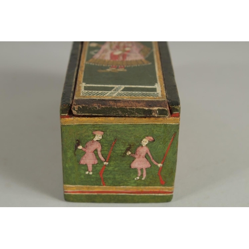 245 - A 19TH CENTURY INDIAN LACQUERED GANJIVA BOX, painted with figures and a tiger, 12.5cm x 5.5cm.