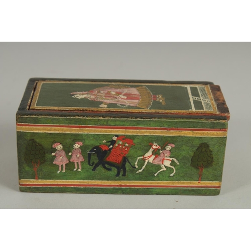 245 - A 19TH CENTURY INDIAN LACQUERED GANJIVA BOX, painted with figures and a tiger, 12.5cm x 5.5cm.