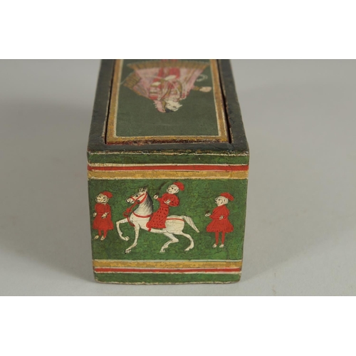 245 - A 19TH CENTURY INDIAN LACQUERED GANJIVA BOX, painted with figures and a tiger, 12.5cm x 5.5cm.