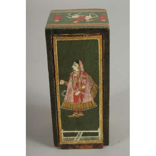 245 - A 19TH CENTURY INDIAN LACQUERED GANJIVA BOX, painted with figures and a tiger, 12.5cm x 5.5cm.