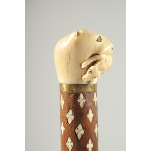 246 - A FINE EARLY 19TH CENTURY MUGHAL INDIAN BONE INLAID WOODEN CANE, 92.5cm high.