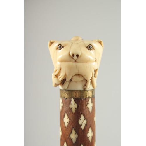 246 - A FINE EARLY 19TH CENTURY MUGHAL INDIAN BONE INLAID WOODEN CANE, 92.5cm high.