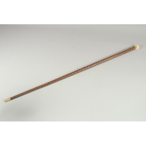 246 - A FINE EARLY 19TH CENTURY MUGHAL INDIAN BONE INLAID WOODEN CANE, 92.5cm high.