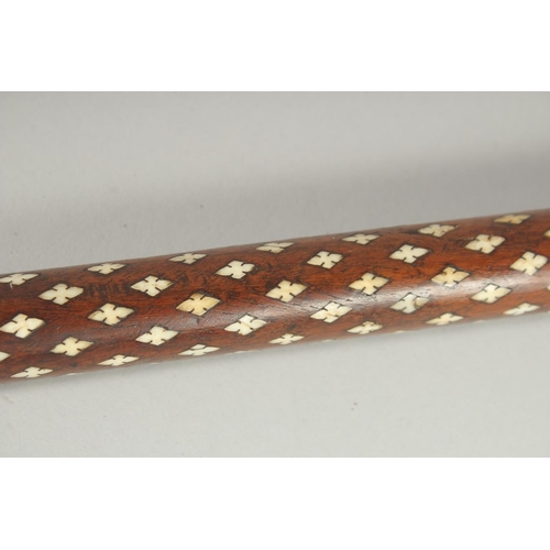 246 - A FINE EARLY 19TH CENTURY MUGHAL INDIAN BONE INLAID WOODEN CANE, 92.5cm high.