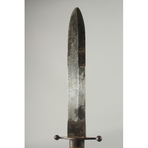 258 - A FINE 19TH CENTURY INDIAN JADE AND MOTHER OF PEARL HILTED EUROPEAN STYLE HUNTING KNIFE, with leathe... 