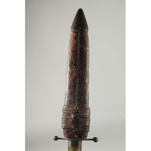 258 - A FINE 19TH CENTURY INDIAN JADE AND MOTHER OF PEARL HILTED EUROPEAN STYLE HUNTING KNIFE, with leathe... 