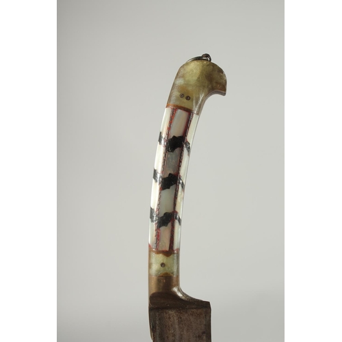 259 - A FINE 19TH CENTURY INDIAN JADE AND MOTHER OF PEARL HILTED PESH KABZ DAGGER, with leather overlaid w... 