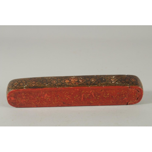 260 - A FINE MID-19TH CENTURY INDO PERSIAN KASHMIRI LACQUERED PAPIER-MACHE QALAMDAN PEN BOX, 25cm long.