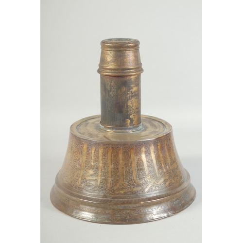 262 - A RARE LARGE 14TH-15TH CENTURY MAMLUK ENGRAVED BRASS CANDLESTICK BASE with later wooden top, engrave... 