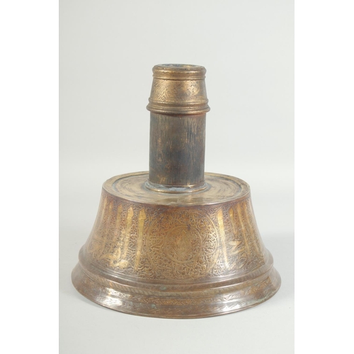 262 - A RARE LARGE 14TH-15TH CENTURY MAMLUK ENGRAVED BRASS CANDLESTICK BASE with later wooden top, engrave... 