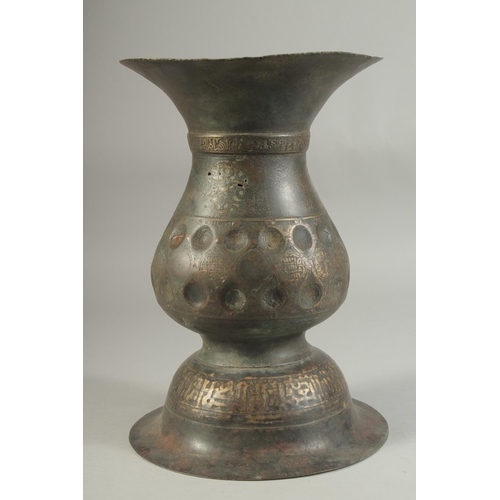 263 - A FINE LARGE 12TH-13TH CENTURY PERSIAN SELJUK KHURASAN COPPER INLAID BRONZE VASE, with bands of Kufi... 