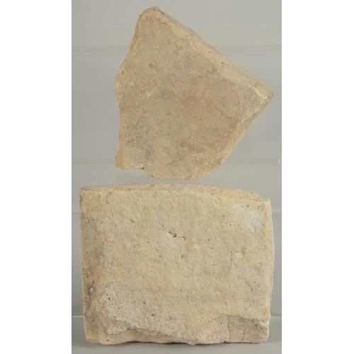 266 - TWO 17TH CENTURY PERSIAN SAFAVID CUERDA SECA TILE FRAGMENTS, 15cm x 13cm and 12.5cm x 13cm.