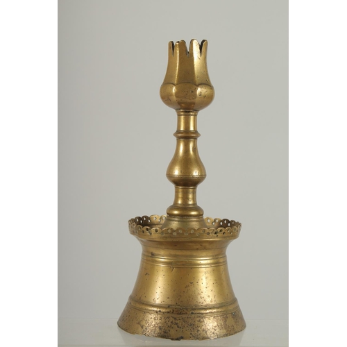 270 - A RARE 16TH-17TH CENTURY OTTOMAN TURKISH BRASS TULIP CANDLESTICK, 23cm high.