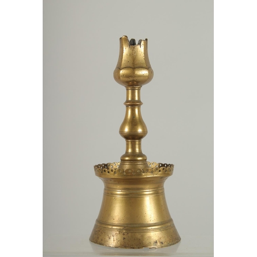 270 - A RARE 16TH-17TH CENTURY OTTOMAN TURKISH BRASS TULIP CANDLESTICK, 23cm high.