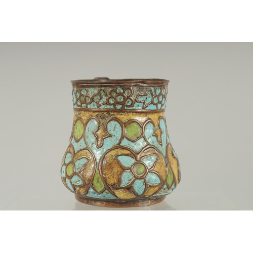 271 - AN 18TH-19TH CENTURY OTTOMAN SYRIAN OR KAYSERI ENAMELLED COPPER TANKARD, 11cm high.