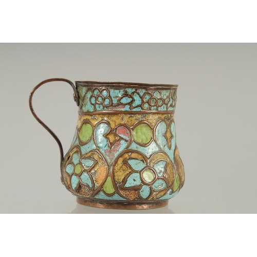 271 - AN 18TH-19TH CENTURY OTTOMAN SYRIAN OR KAYSERI ENAMELLED COPPER TANKARD, 11cm high.