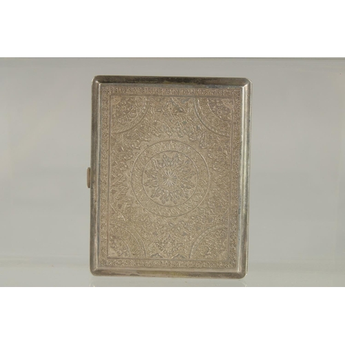 274 - A PERSIAN ISFAHAN SILVER CIGARETTE CASE, with finely engraved decoration, stamped to the interior, 9... 