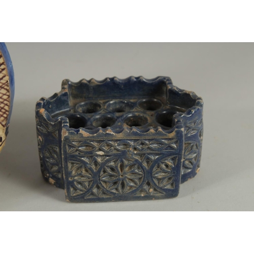 279 - A MOROCCAN TWIN HANDLED VASE AND ANOTHER BLUE GLAZE INKWELL, (2).