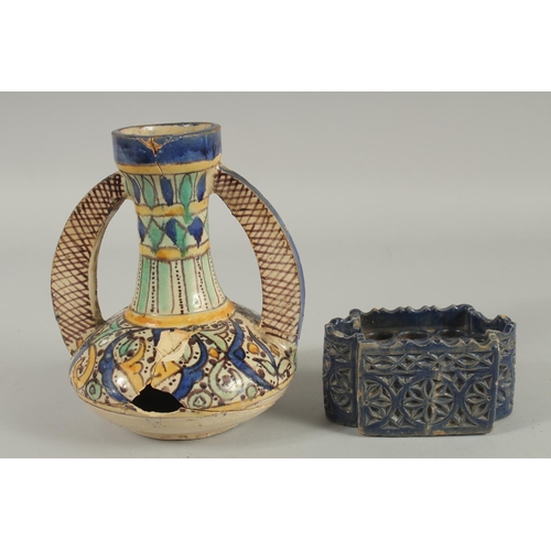 279 - A MOROCCAN TWIN HANDLED VASE AND ANOTHER BLUE GLAZE INKWELL, (2).