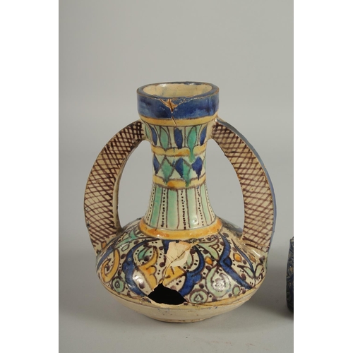 279 - A MOROCCAN TWIN HANDLED VASE AND ANOTHER BLUE GLAZE INKWELL, (2).