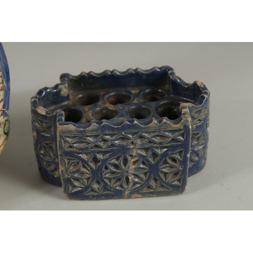 279 - A MOROCCAN TWIN HANDLED VASE AND ANOTHER BLUE GLAZE INKWELL, (2).