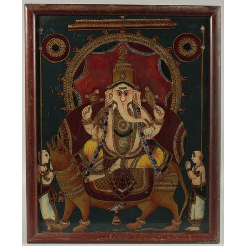 286 - A LARGE 19TH CENTURY SOUTH INDIAN TANJORE REVERSE GLASS PAINTING OF GANESH, 54cm x 44cm.