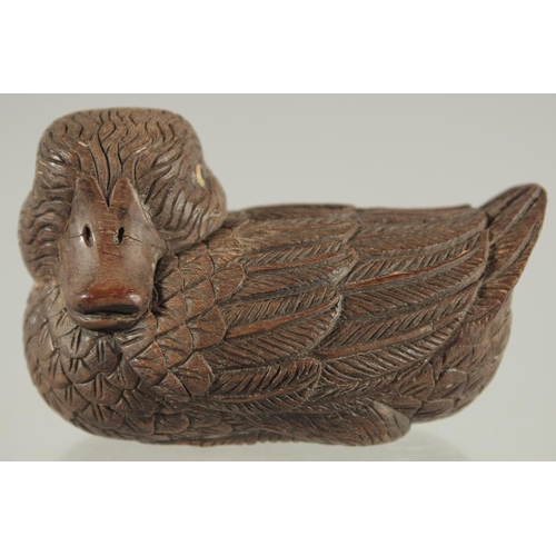 29 - A CHINESE CARVED WOOD FIGURE OF A DUCK, with inset bone character mark, 9cm long.