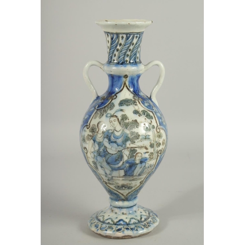 293 - A 19TH CENTURY PERSIAN QAJAR GLAZED POTTERY VASE, with twin handles and painted with a panelto each ... 